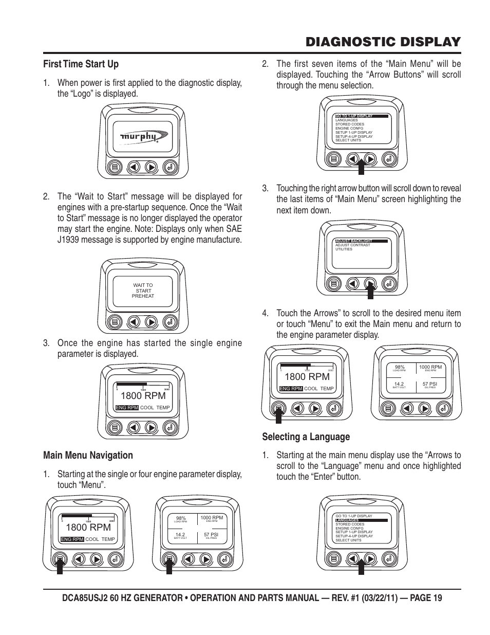 Diagnostic display, First time start up, Main menu navigation | Selecting a language, 1800 rpm | Multiquip MQ MultiQuip Power DCA85USJ2 User Manual | Page 19 / 102