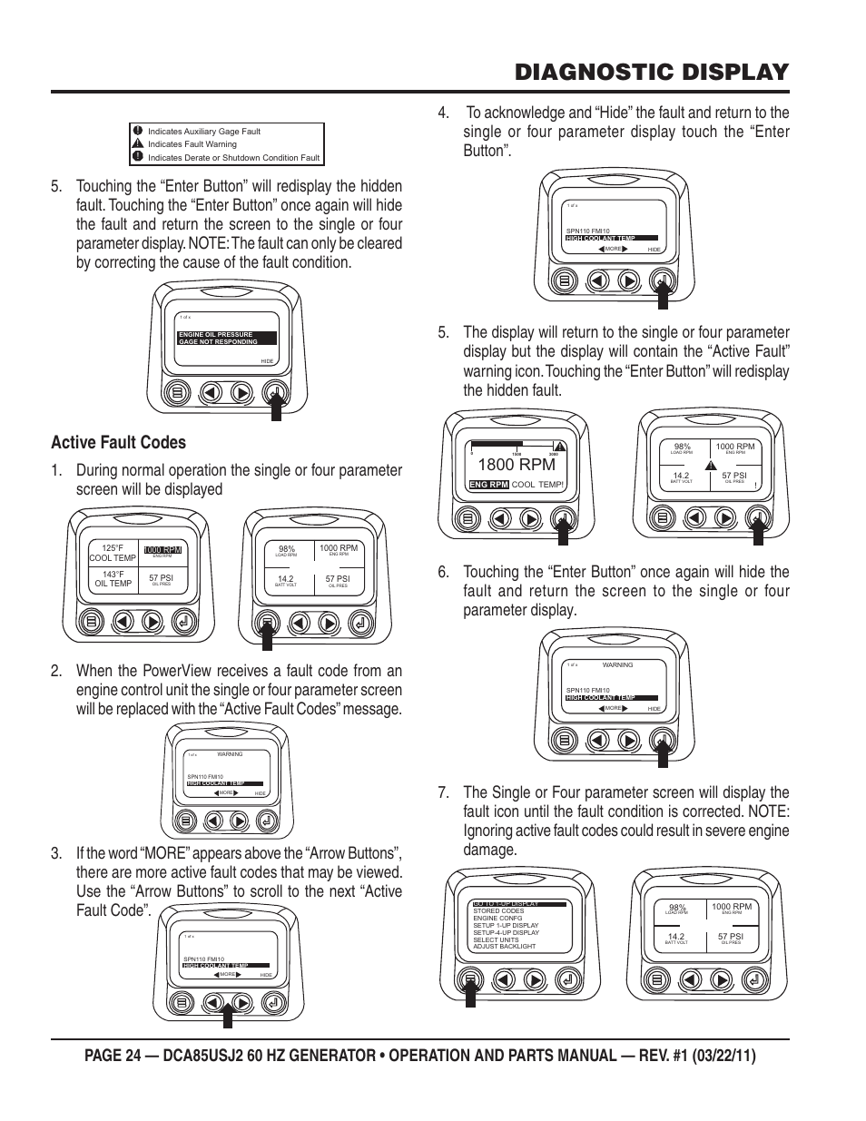 Diagnostic display, Active fault codes, 1800 rpm | Multiquip MQ MultiQuip Power DCA85USJ2 User Manual | Page 24 / 102