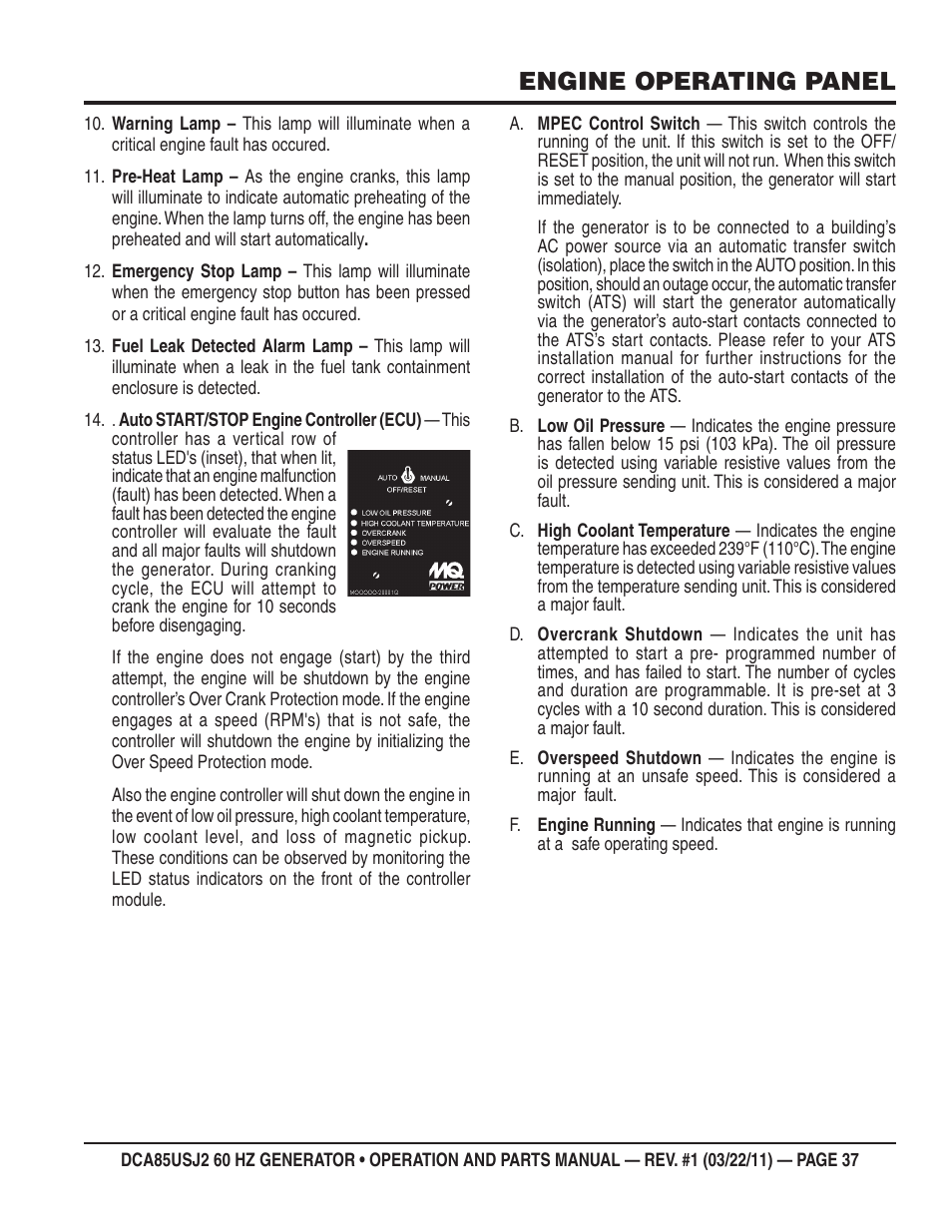 Engine operating panel | Multiquip MQ MultiQuip Power DCA85USJ2 User Manual | Page 37 / 102