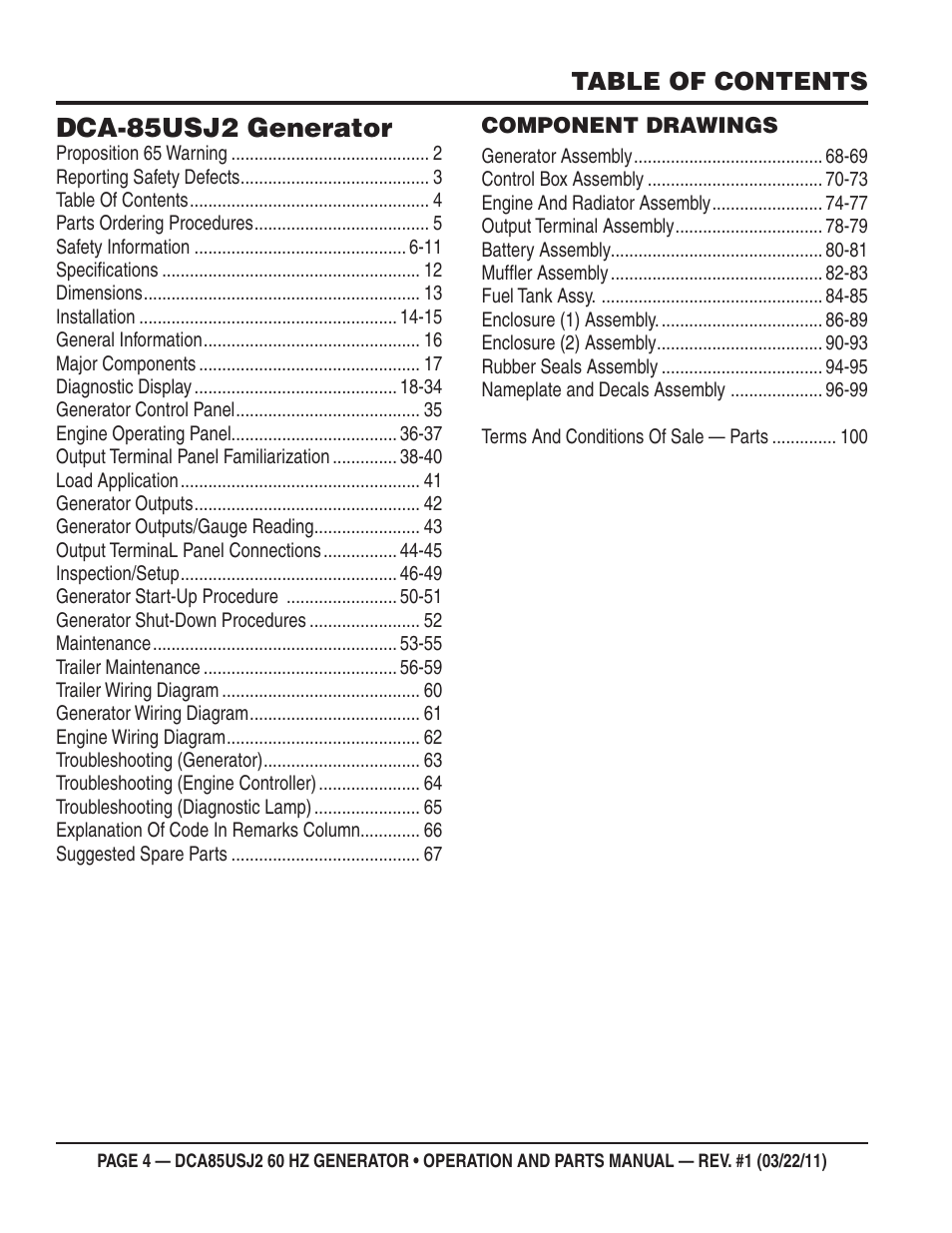 Dca-85usj2 generator | Multiquip MQ MultiQuip Power DCA85USJ2 User Manual | Page 4 / 102
