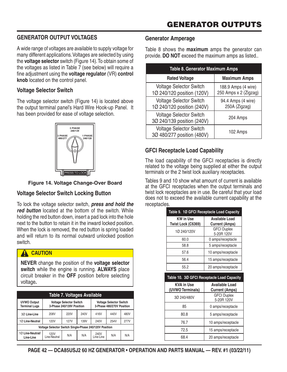 Generator outputs, Generator output voltages, Voltage selector switch | Voltage selector switch locking button, Generator amperage, Gfci receptacle load capability | Multiquip MQ MultiQuip Power DCA85USJ2 User Manual | Page 42 / 102