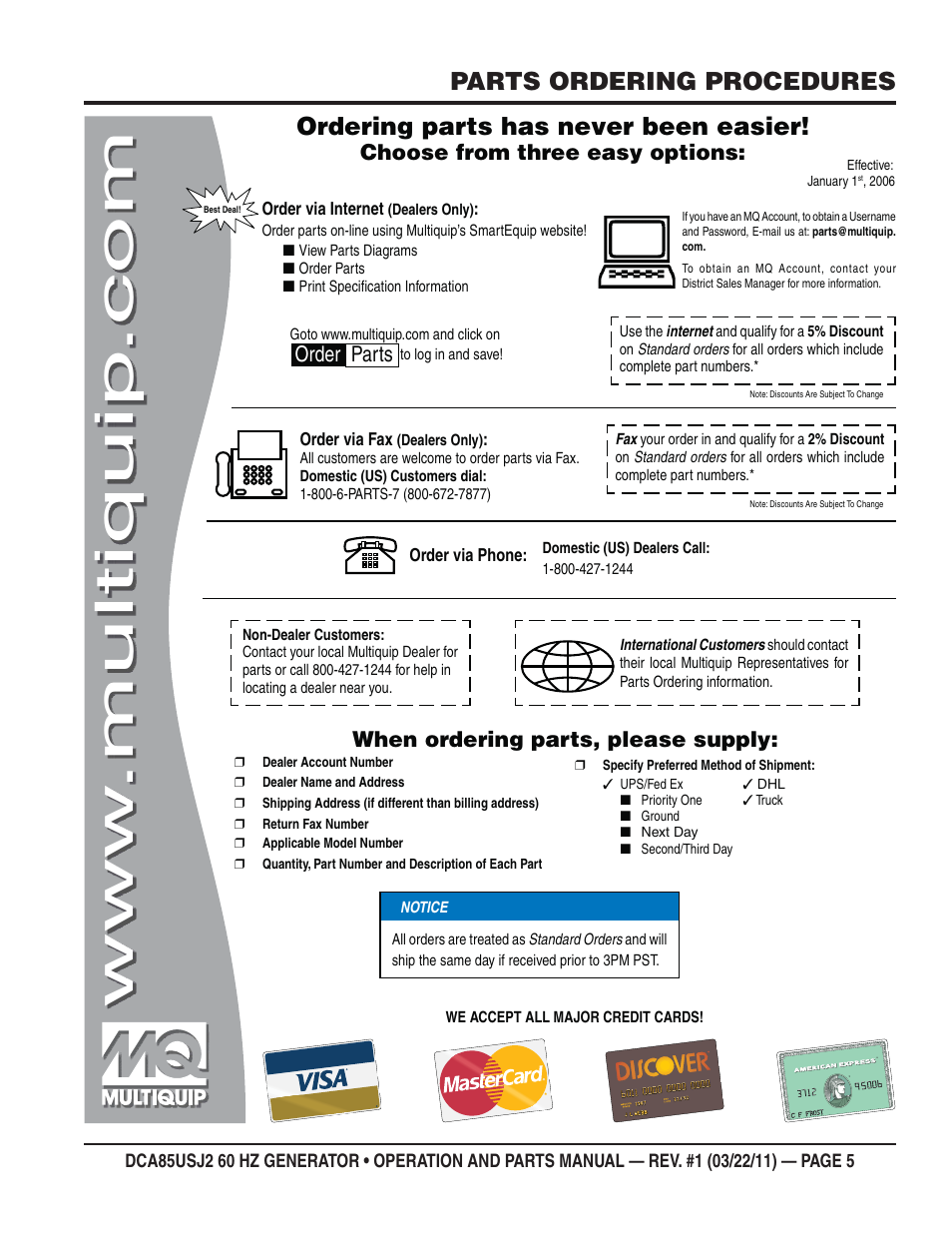 Parts ordering procedures, Ordering parts has never been easier, Choose from three easy options | When ordering parts, please supply, Order parts | Multiquip MQ MultiQuip Power DCA85USJ2 User Manual | Page 5 / 102