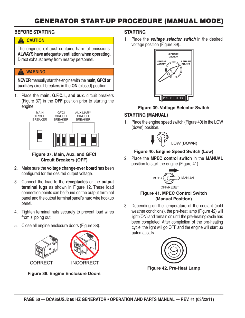 Generator start-up procedure (manual mode) | Multiquip MQ MultiQuip Power DCA85USJ2 User Manual | Page 50 / 102