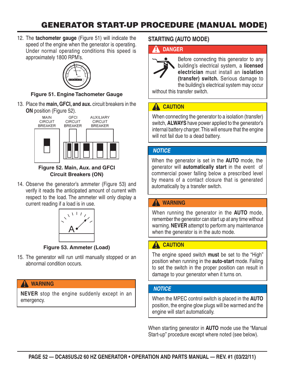 Generator start-up procedure (manual mode) | Multiquip MQ MultiQuip Power DCA85USJ2 User Manual | Page 52 / 102