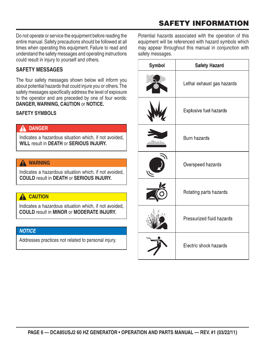 Safety information | Multiquip MQ MultiQuip Power DCA85USJ2 User Manual | Page 6 / 102