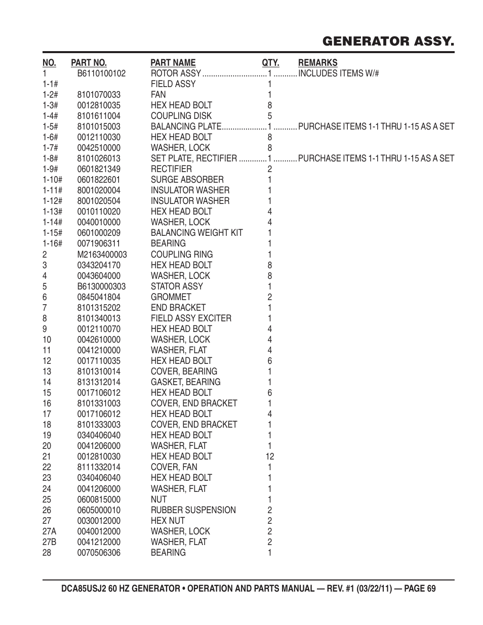 Generator assy | Multiquip MQ MultiQuip Power DCA85USJ2 User Manual | Page 69 / 102