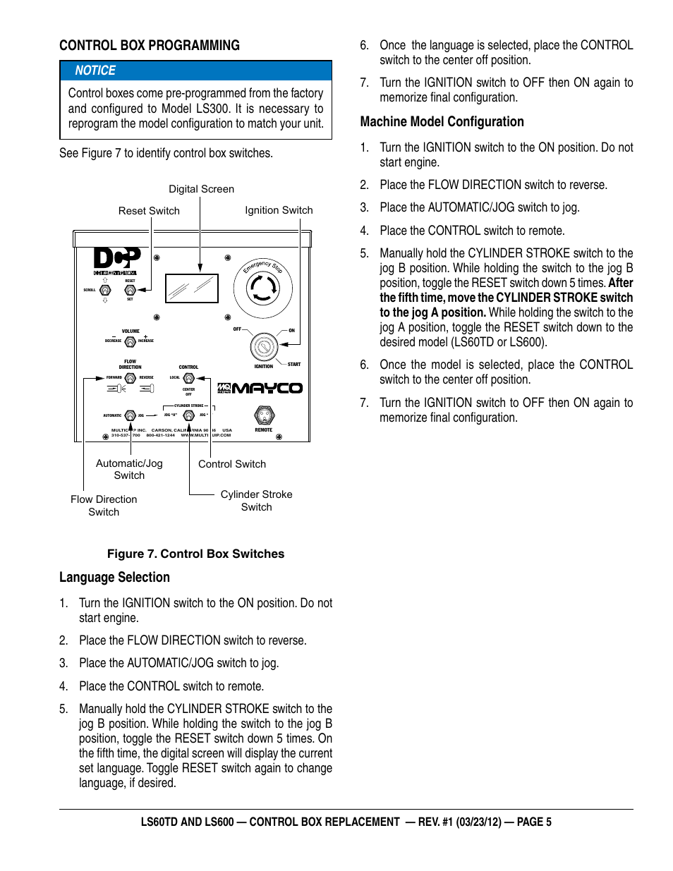 Control box programming, Language selection, Machine model configuration | Seefigure7toidentifycontrolboxswitches, Figure 7. control box switches | Multiquip Control Box Replacement LS60TD User Manual | Page 5 / 8