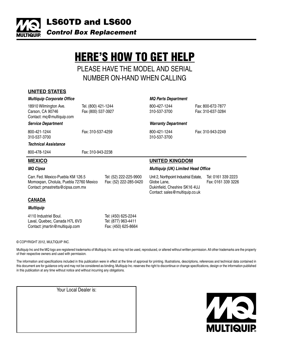 Here’s how to get help, Control box replacement | Multiquip Control Box Replacement LS60TD User Manual | Page 8 / 8