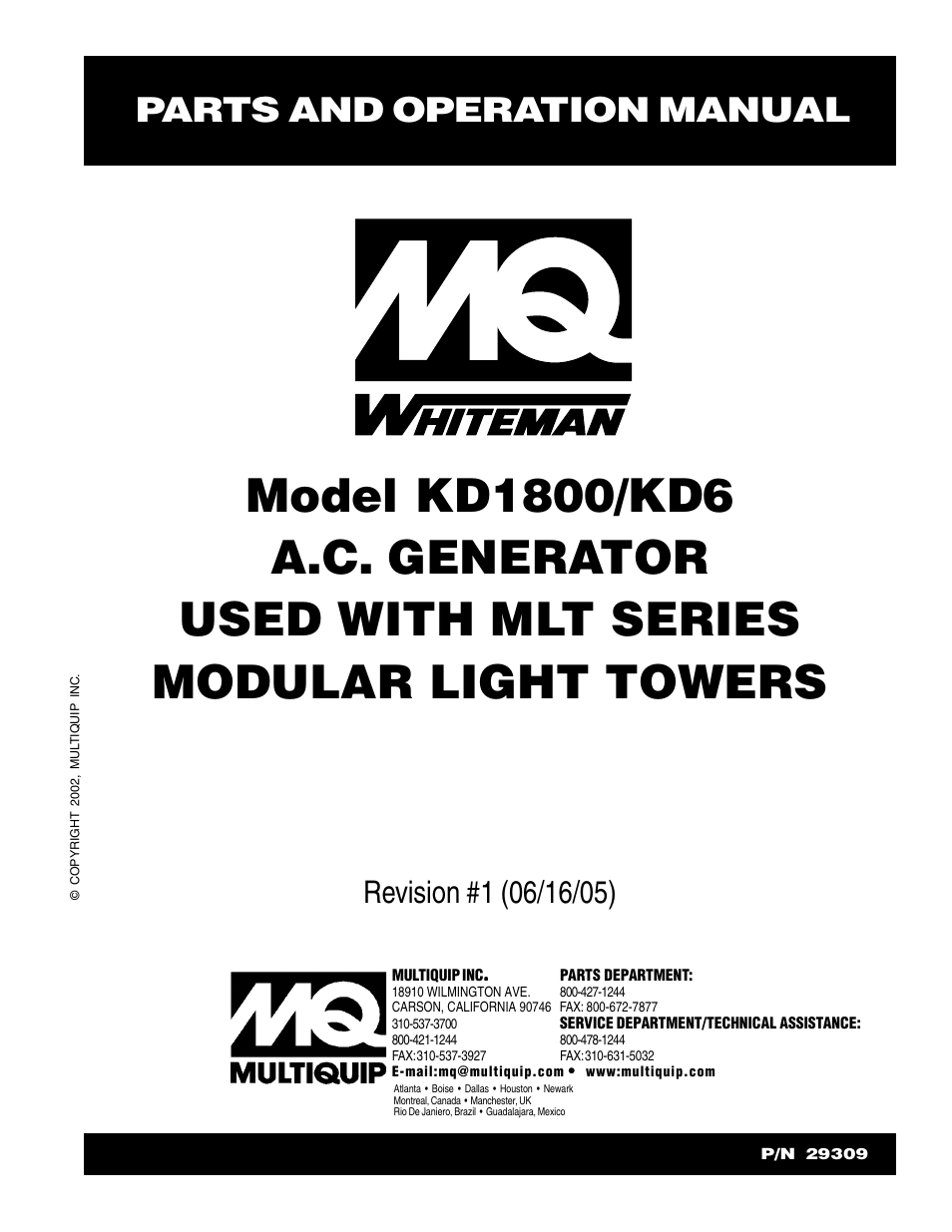 Multiquip A.C. Generator Used with MLT Series Modular Light Towers KD6 User Manual | 134 pages