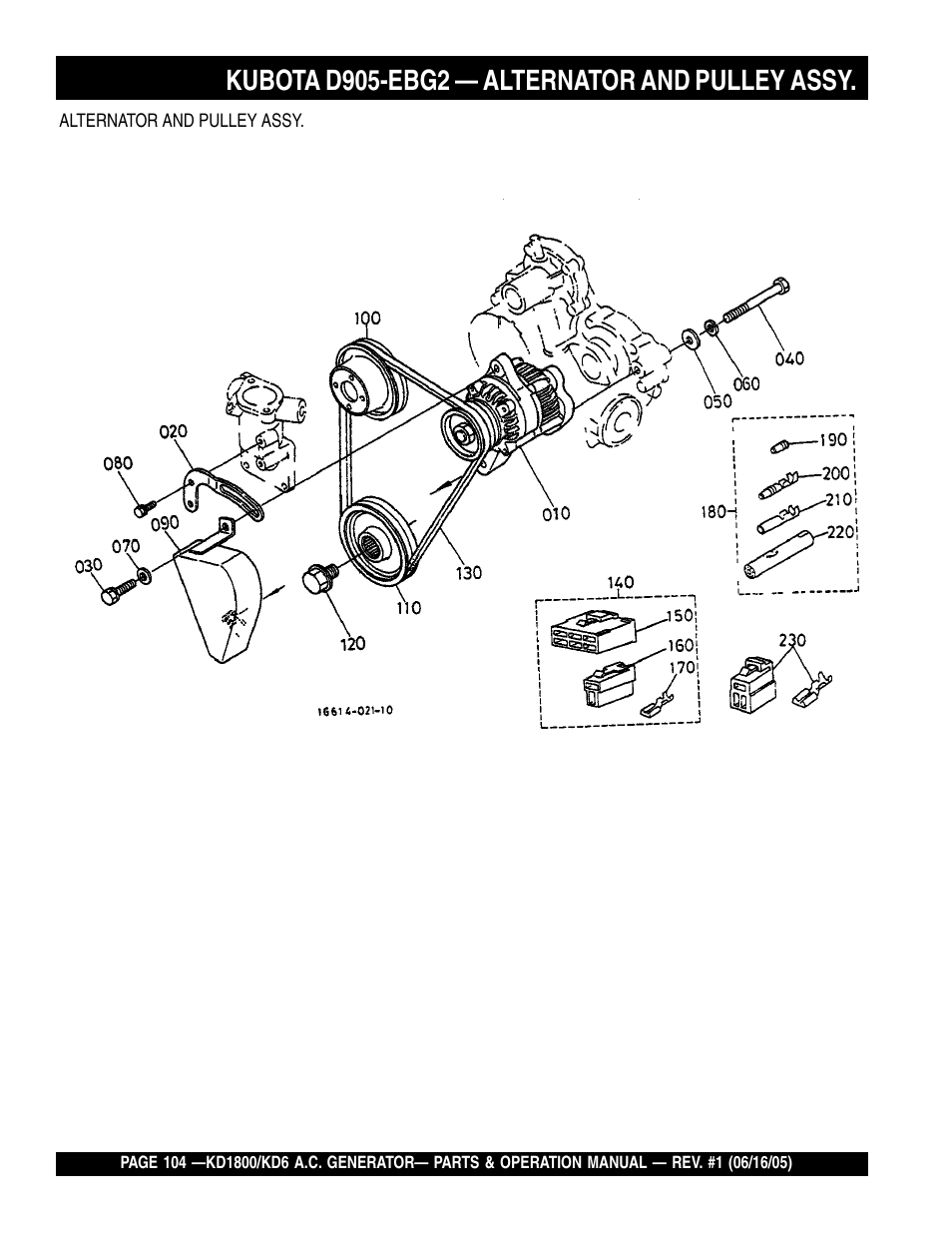 Kubota d905-ebg2 — alternator and pulley assy | Multiquip A.C. Generator Used with MLT Series Modular Light Towers KD6 User Manual | Page 104 / 134
