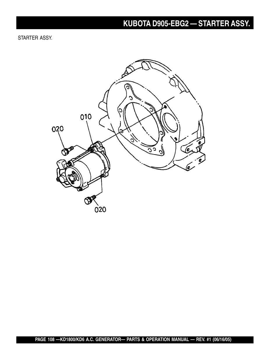 Kubota d905-ebg2 — starter assy | Multiquip A.C. Generator Used with MLT Series Modular Light Towers KD6 User Manual | Page 108 / 134
