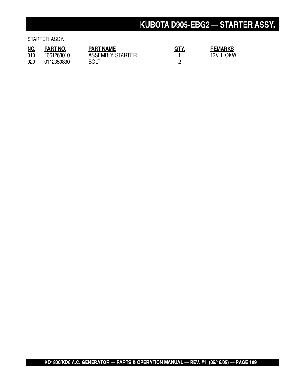 Kubota d905-ebg2 — starter assy | Multiquip A.C. Generator Used with MLT Series Modular Light Towers KD6 User Manual | Page 109 / 134