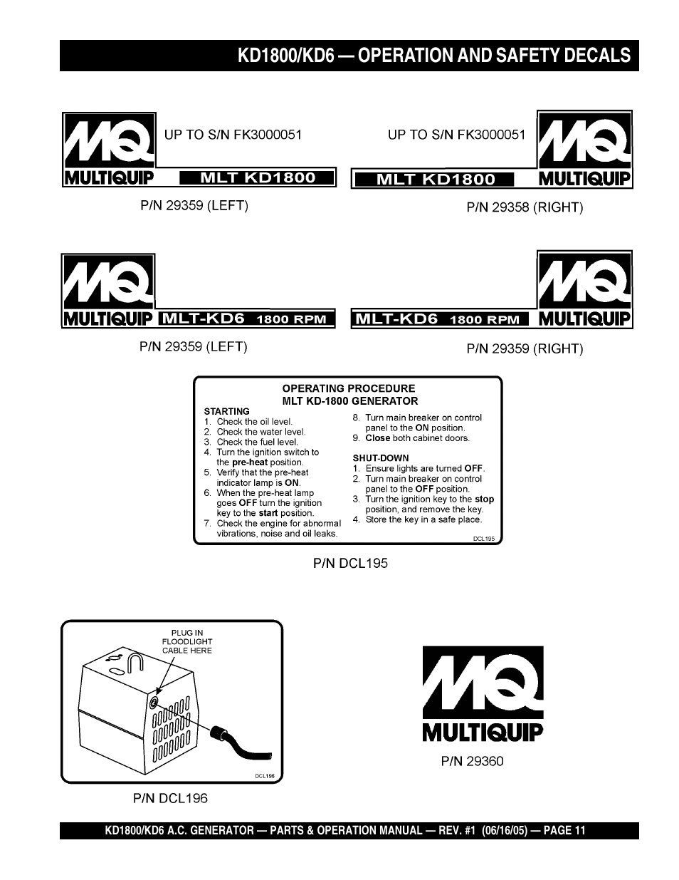 Multiquip A.C. Generator Used with MLT Series Modular Light Towers KD6 User Manual | Page 11 / 134