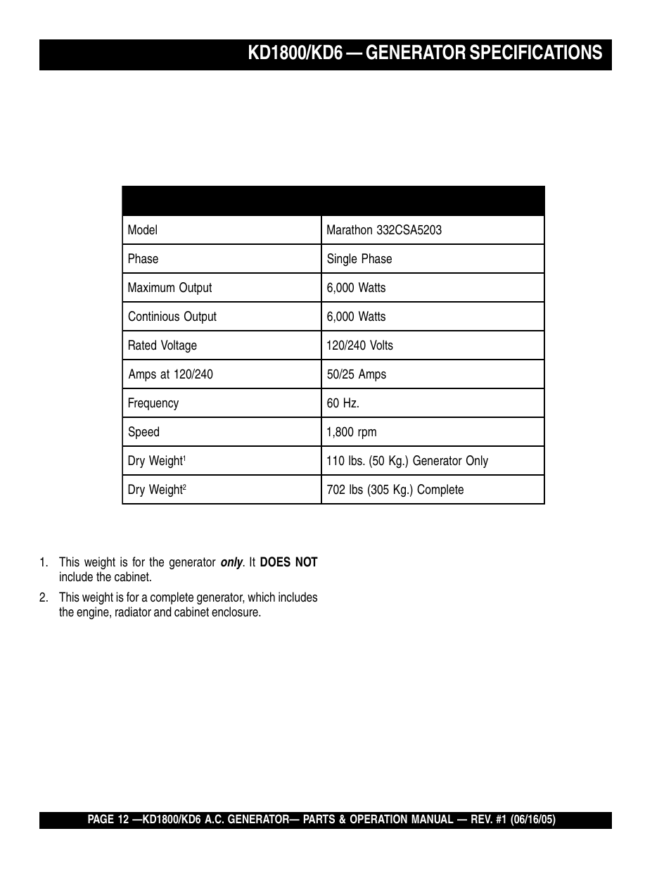 Multiquip A.C. Generator Used with MLT Series Modular Light Towers KD6 User Manual | Page 12 / 134
