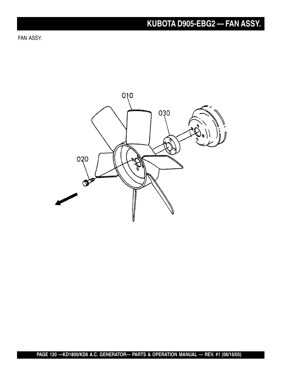 Kubota d905-ebg2 — fan assy | Multiquip A.C. Generator Used with MLT Series Modular Light Towers KD6 User Manual | Page 120 / 134