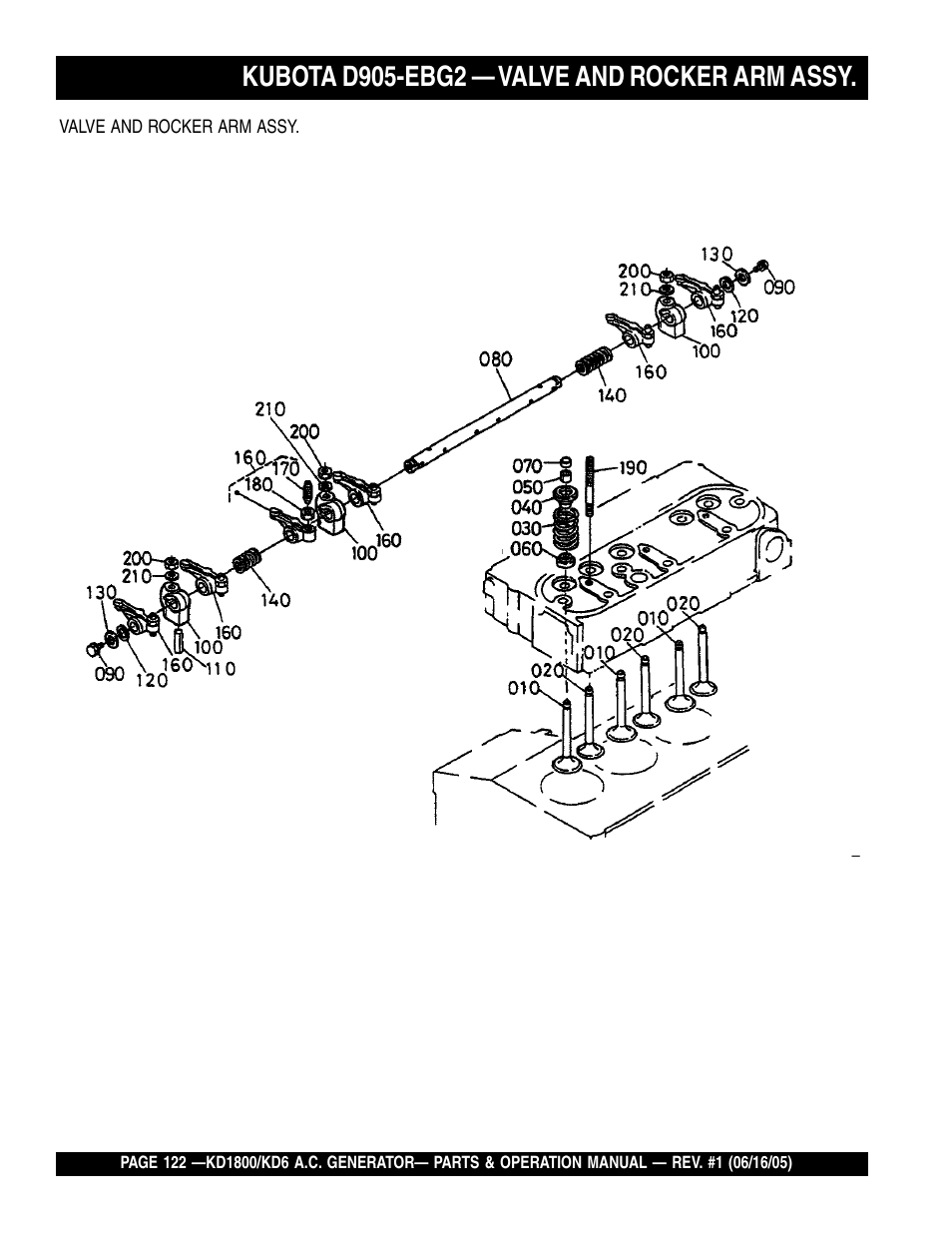 Kubota d905-ebg2 — valve and rocker arm assy | Multiquip A.C. Generator Used with MLT Series Modular Light Towers KD6 User Manual | Page 122 / 134