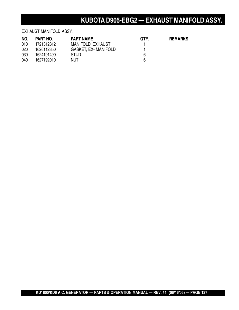 Kubota d905-ebg2 — exhaust manifold assy | Multiquip A.C. Generator Used with MLT Series Modular Light Towers KD6 User Manual | Page 127 / 134
