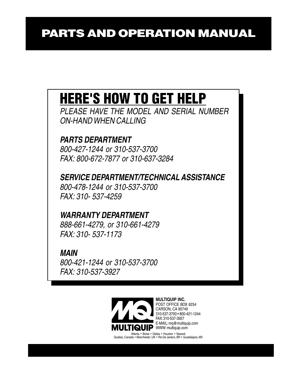 Here's how to get help, Parts and operation manual | Multiquip A.C. Generator Used with MLT Series Modular Light Towers KD6 User Manual | Page 134 / 134