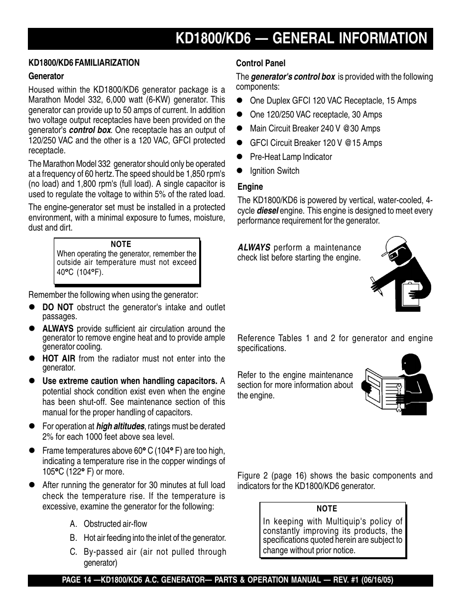 Multiquip A.C. Generator Used with MLT Series Modular Light Towers KD6 User Manual | Page 14 / 134