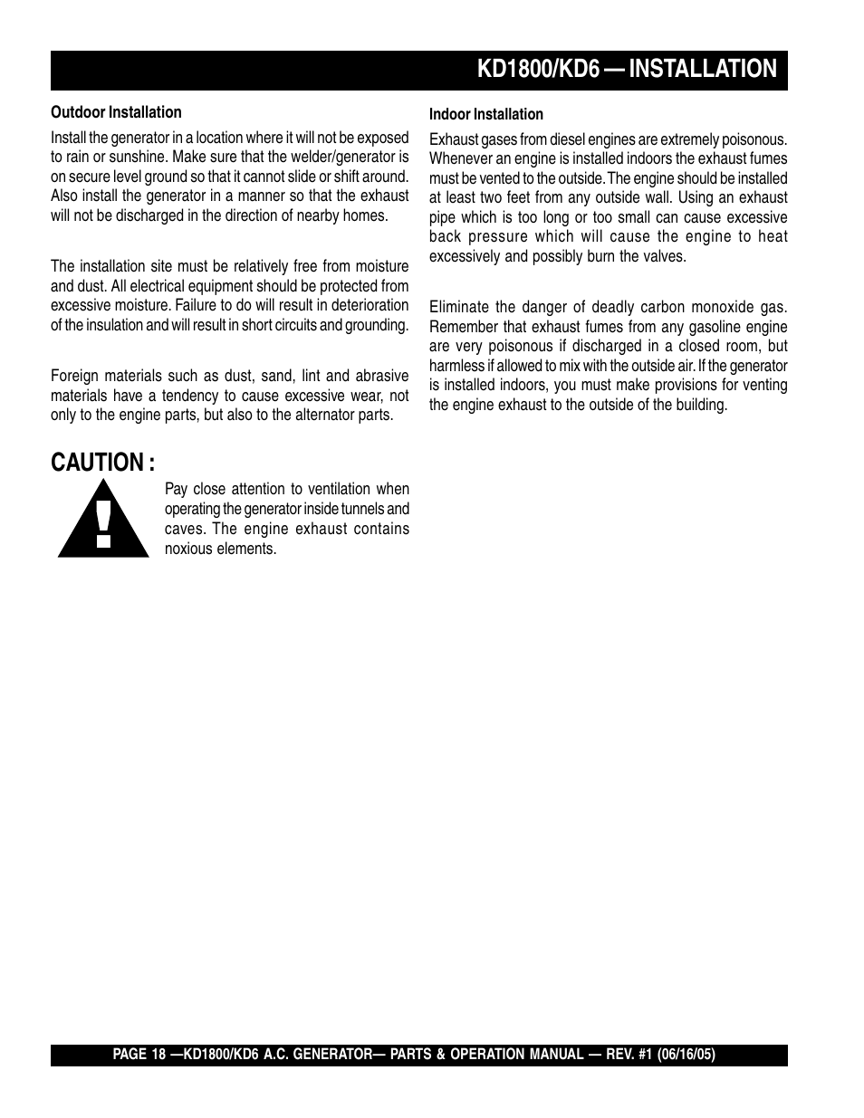 Caution | Multiquip A.C. Generator Used with MLT Series Modular Light Towers KD6 User Manual | Page 18 / 134