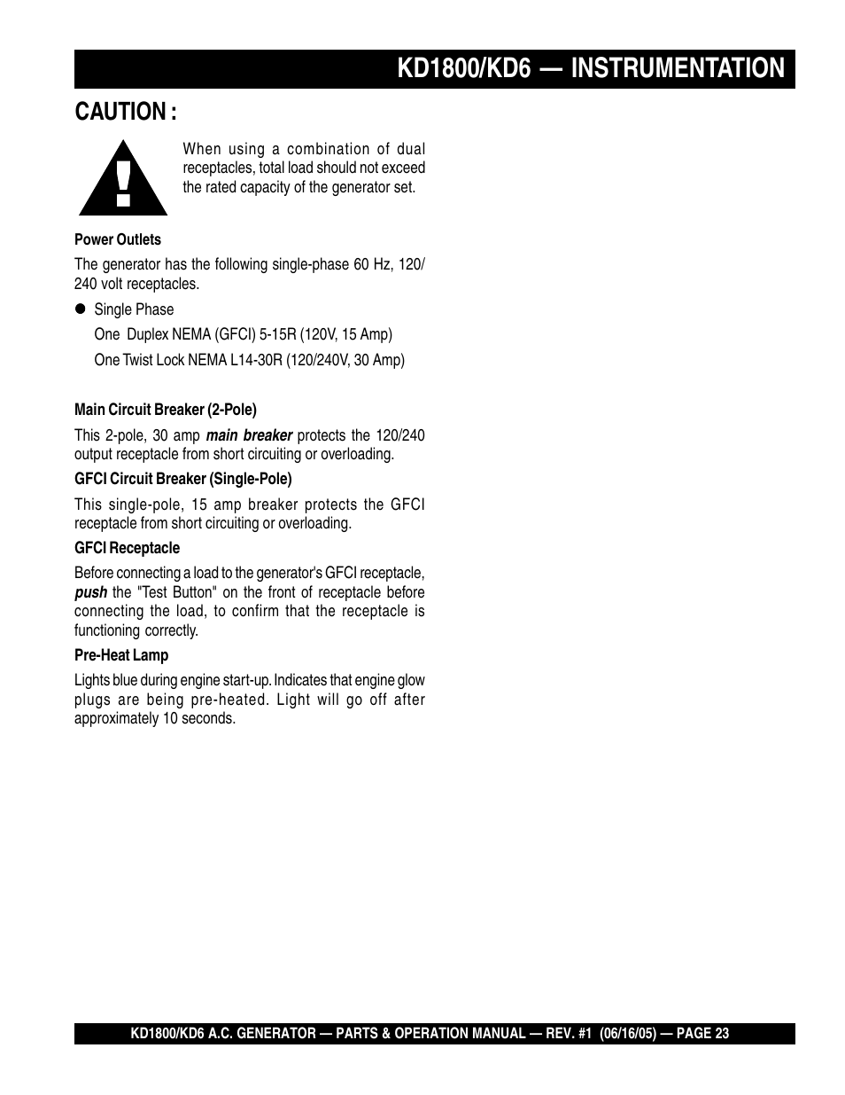 Caution | Multiquip A.C. Generator Used with MLT Series Modular Light Towers KD6 User Manual | Page 23 / 134