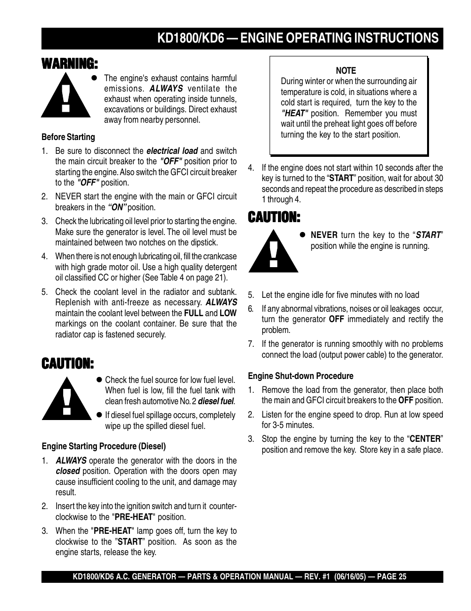 Caution | Multiquip A.C. Generator Used with MLT Series Modular Light Towers KD6 User Manual | Page 25 / 134