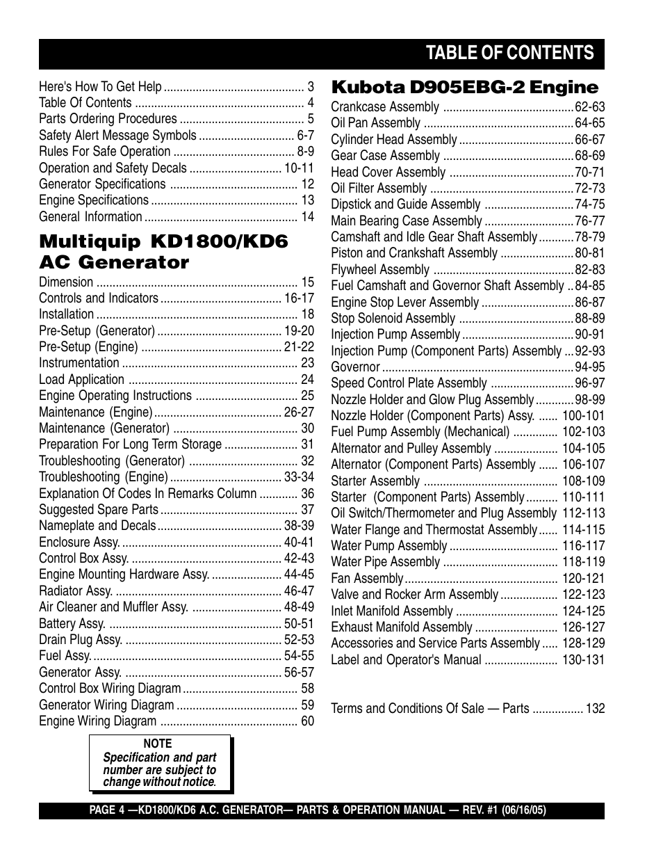 Multiquip A.C. Generator Used with MLT Series Modular Light Towers KD6 User Manual | Page 4 / 134