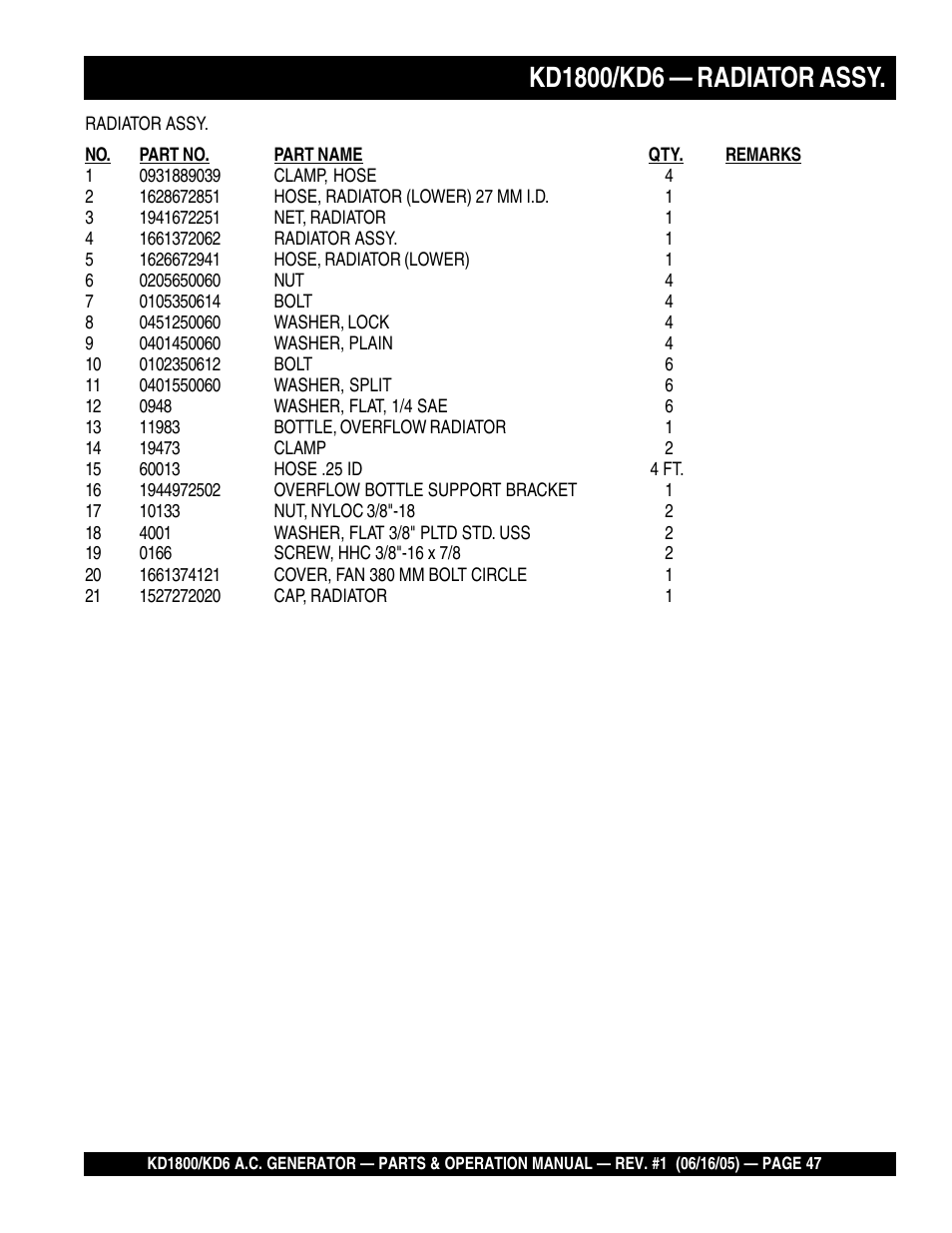 Multiquip A.C. Generator Used with MLT Series Modular Light Towers KD6 User Manual | Page 47 / 134