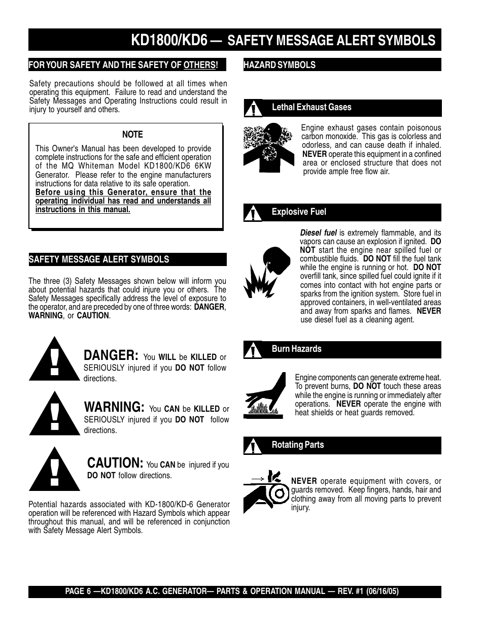 Safety message alert symbols, Danger, Warning | Caution | Multiquip A.C. Generator Used with MLT Series Modular Light Towers KD6 User Manual | Page 6 / 134