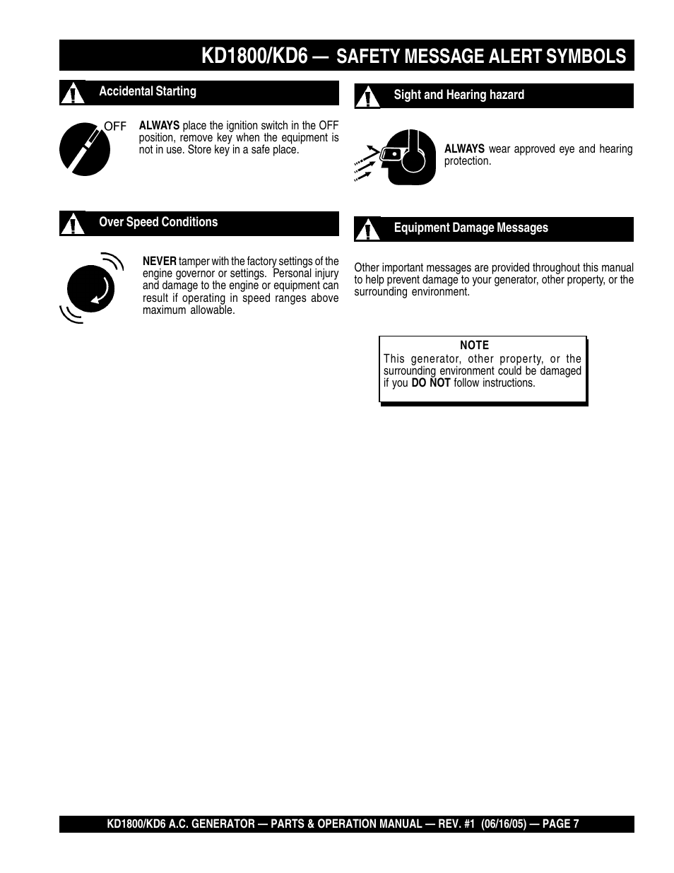 Safety message alert symbols | Multiquip A.C. Generator Used with MLT Series Modular Light Towers KD6 User Manual | Page 7 / 134