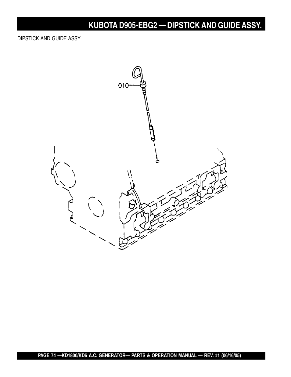 Kubota d905-ebg2 — dipstick and guide assy | Multiquip A.C. Generator Used with MLT Series Modular Light Towers KD6 User Manual | Page 74 / 134