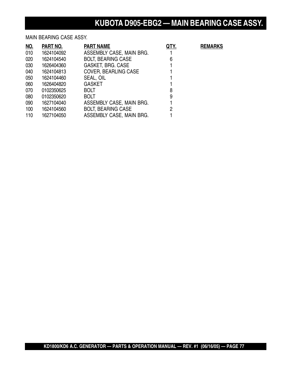 Kubota d905-ebg2 — main bearing case assy | Multiquip A.C. Generator Used with MLT Series Modular Light Towers KD6 User Manual | Page 77 / 134