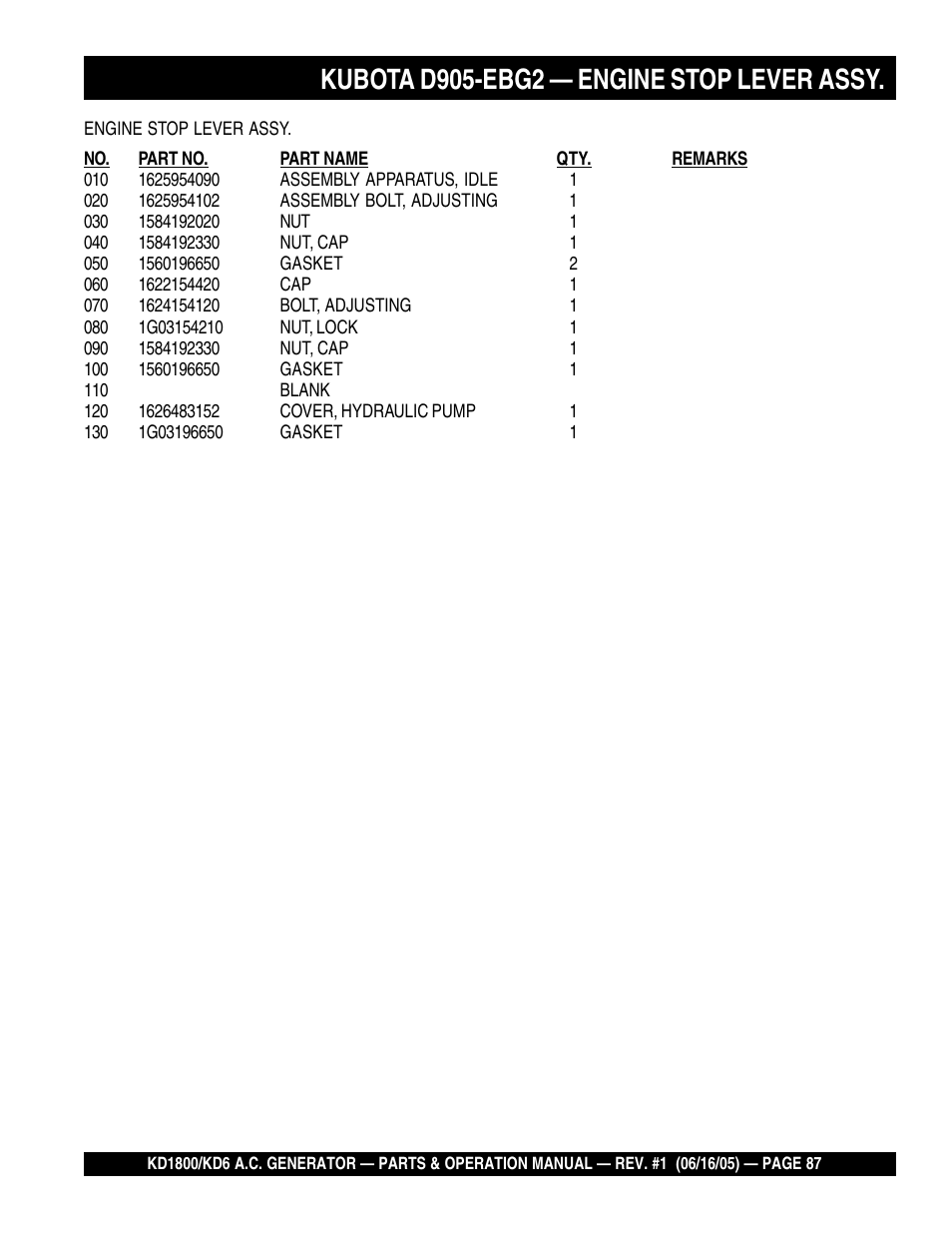 Kubota d905-ebg2 — engine stop lever assy | Multiquip A.C. Generator Used with MLT Series Modular Light Towers KD6 User Manual | Page 87 / 134