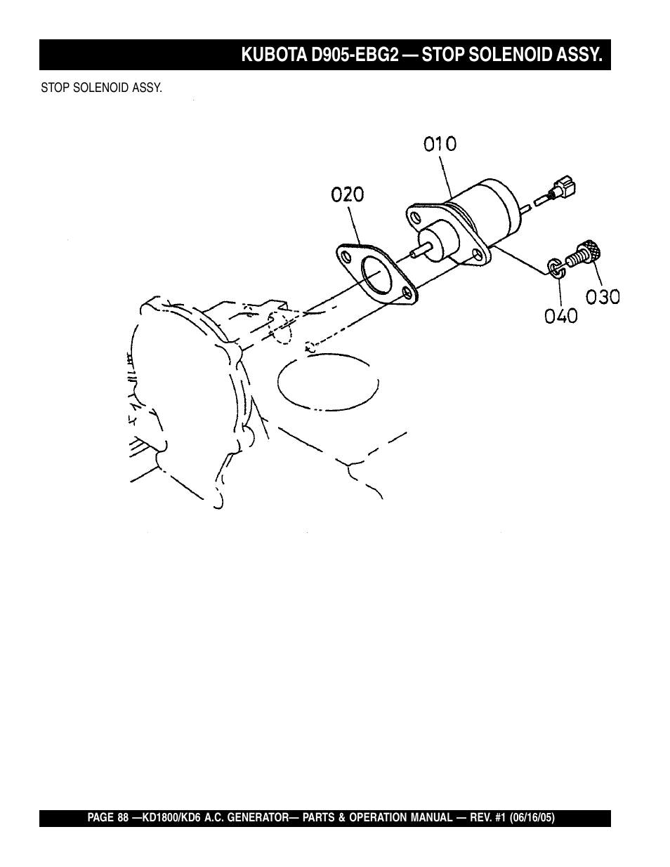 Kubota d905-ebg2 — stop solenoid assy | Multiquip A.C. Generator Used with MLT Series Modular Light Towers KD6 User Manual | Page 88 / 134