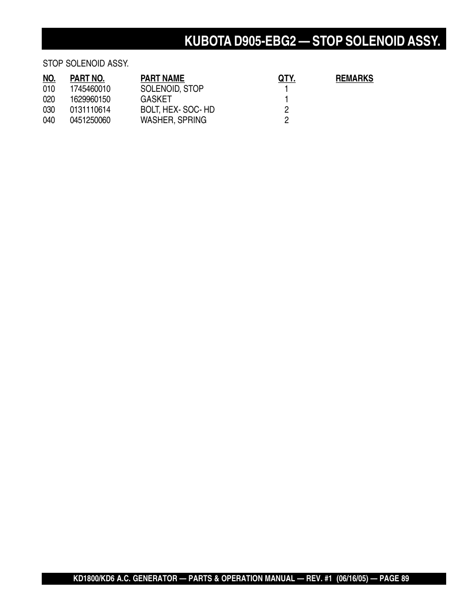 Kubota d905-ebg2 — stop solenoid assy | Multiquip A.C. Generator Used with MLT Series Modular Light Towers KD6 User Manual | Page 89 / 134