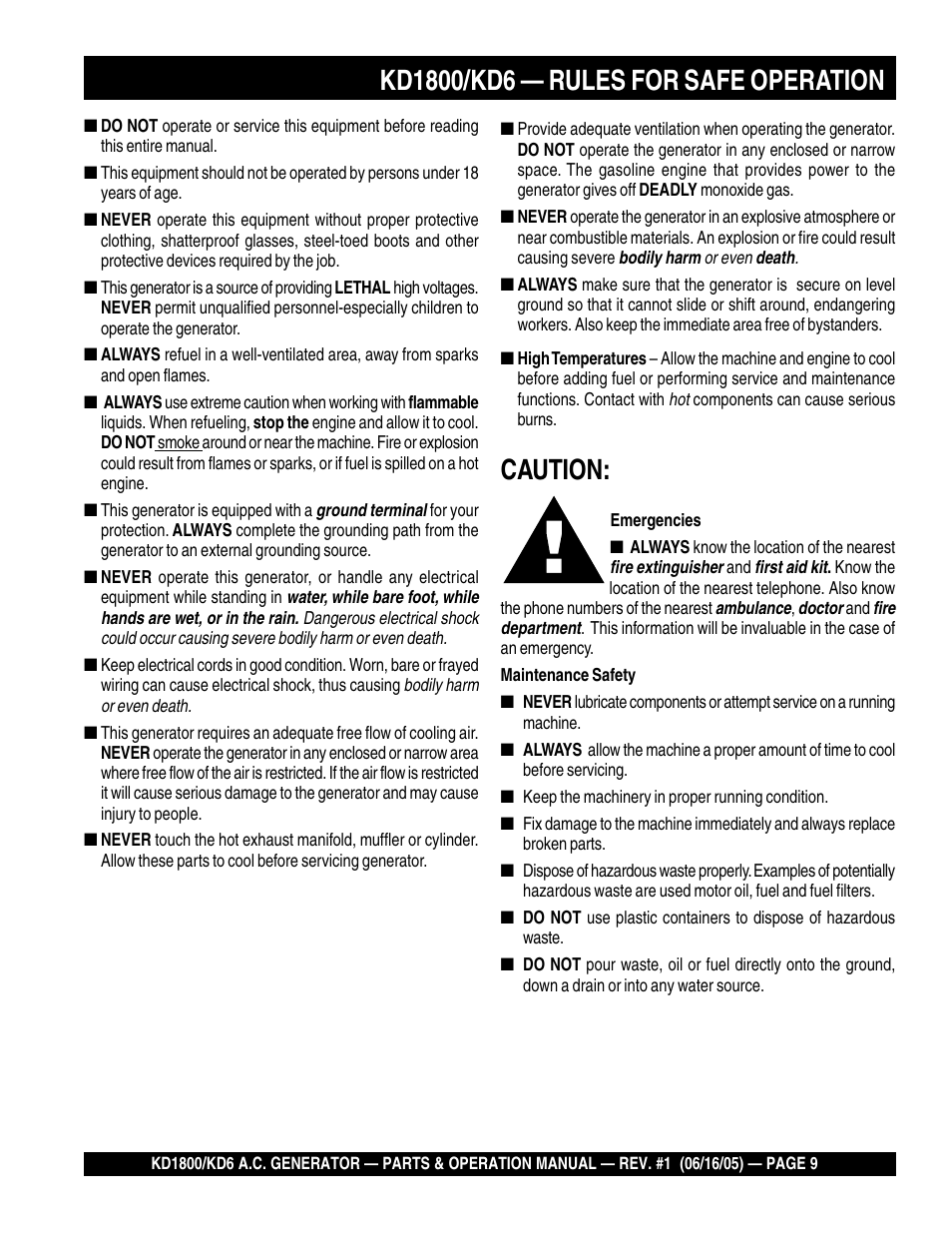 Caution | Multiquip A.C. Generator Used with MLT Series Modular Light Towers KD6 User Manual | Page 9 / 134