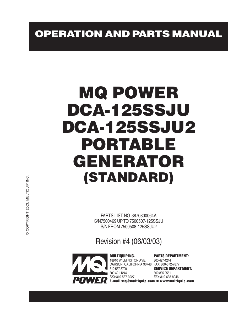 Multiquip MQ Power Portable Generator (Standard) DCA-125SSJU User Manual | 96 pages