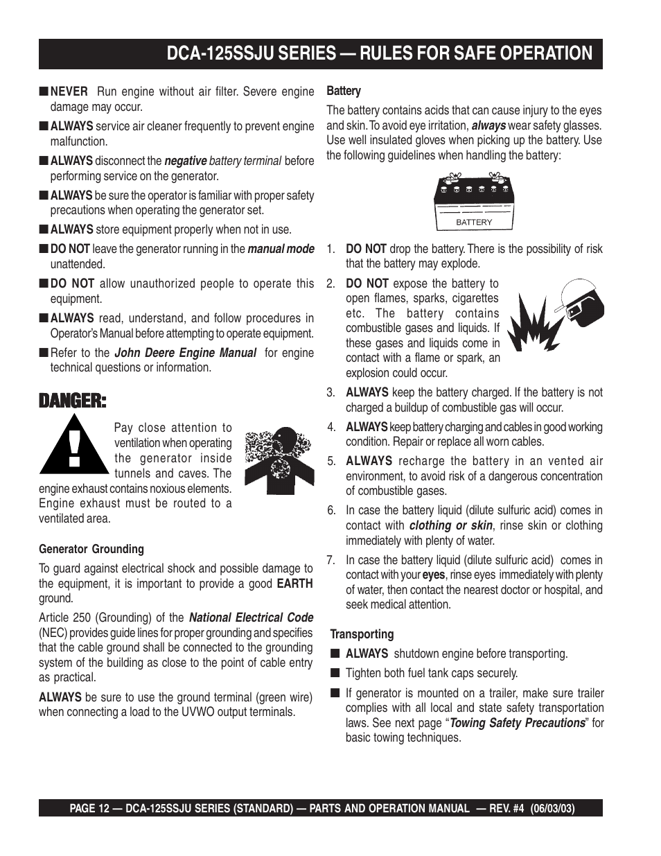 Dca-125ssju series — rules for safe operation, Danger | Multiquip MQ Power Portable Generator (Standard) DCA-125SSJU User Manual | Page 12 / 96