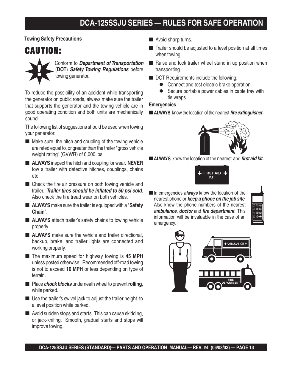 Caution, Dca-125ssju series — rules for safe operation | Multiquip MQ Power Portable Generator (Standard) DCA-125SSJU User Manual | Page 13 / 96