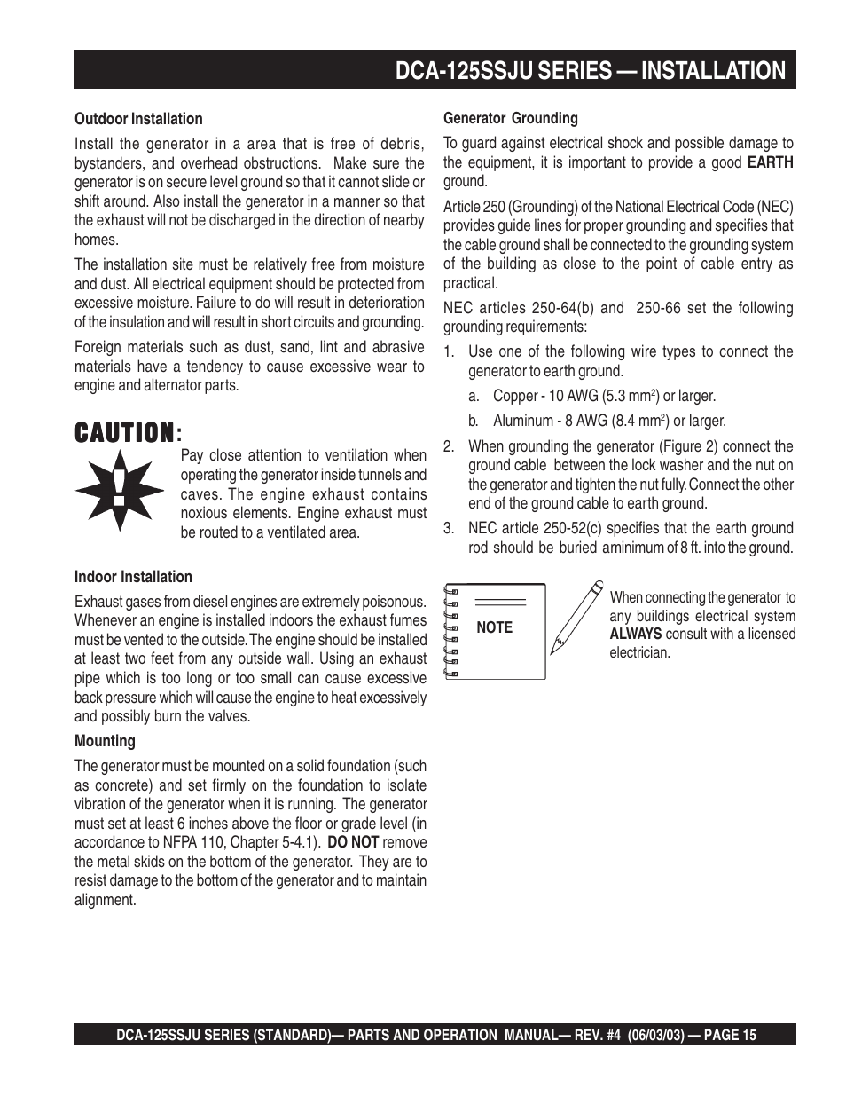 Dca-125ssju series — installation, Caution, Caution caution | Multiquip MQ Power Portable Generator (Standard) DCA-125SSJU User Manual | Page 15 / 96