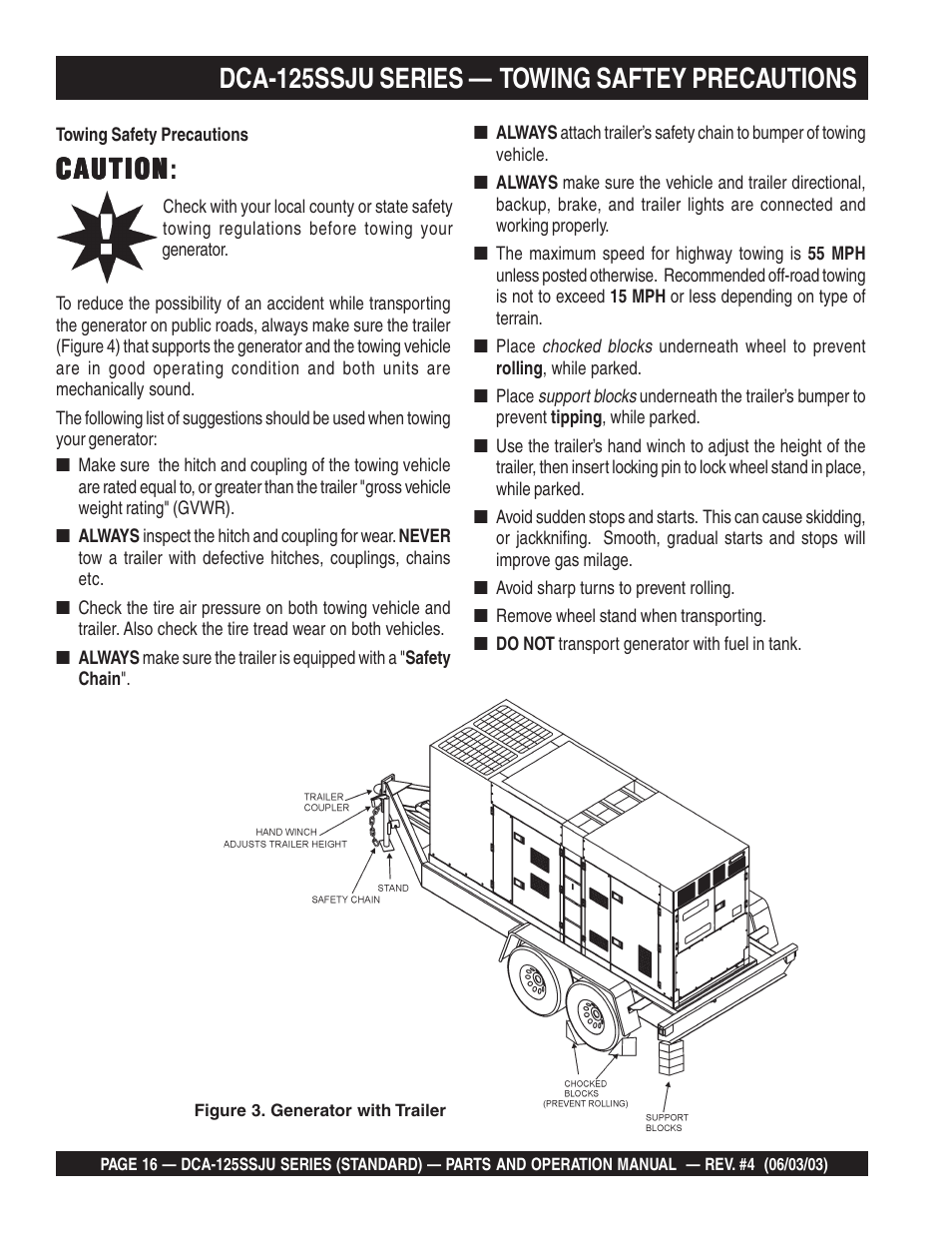 Caution, Caution caution, Dca-125ssju series — towing saftey precautions | Multiquip MQ Power Portable Generator (Standard) DCA-125SSJU User Manual | Page 16 / 96