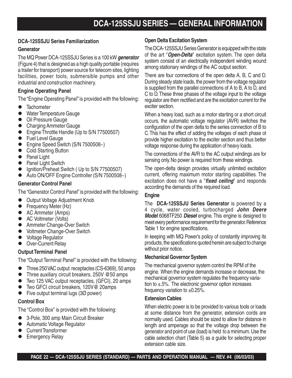 Dca-125ssju series — general information | Multiquip MQ Power Portable Generator (Standard) DCA-125SSJU User Manual | Page 22 / 96
