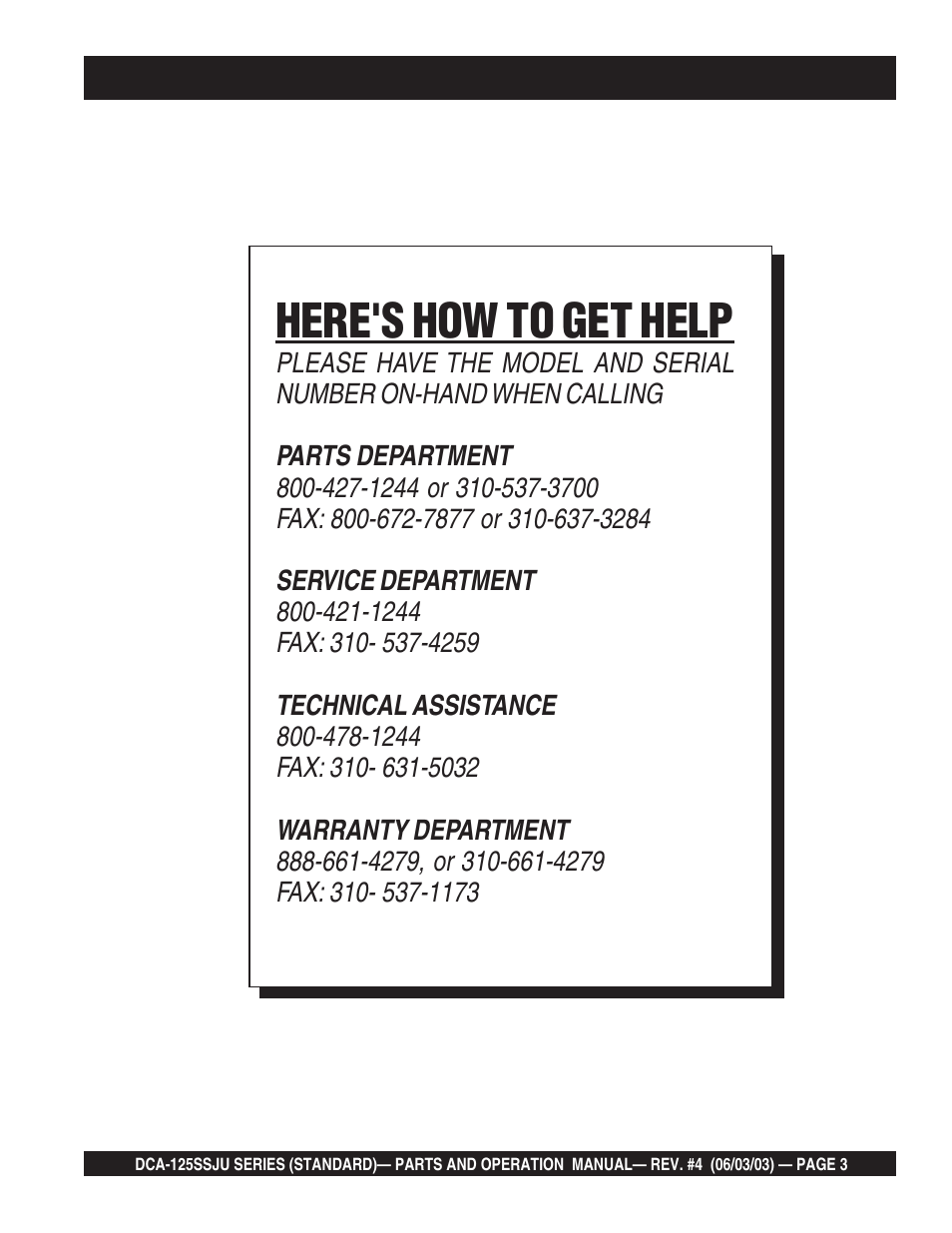 Here's how to get help | Multiquip MQ Power Portable Generator (Standard) DCA-125SSJU User Manual | Page 3 / 96