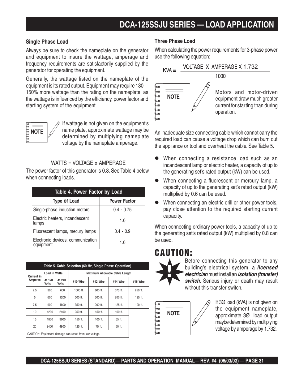 Dca-125ssju series — load application, Caution | Multiquip MQ Power Portable Generator (Standard) DCA-125SSJU User Manual | Page 31 / 96