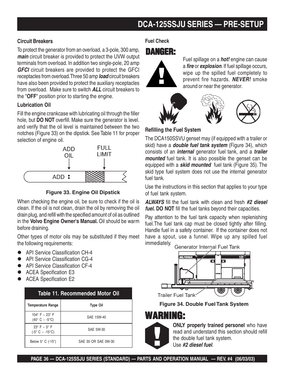 Warning, Dca-125ssju series — pre-setup, Danger | Multiquip MQ Power Portable Generator (Standard) DCA-125SSJU User Manual | Page 36 / 96