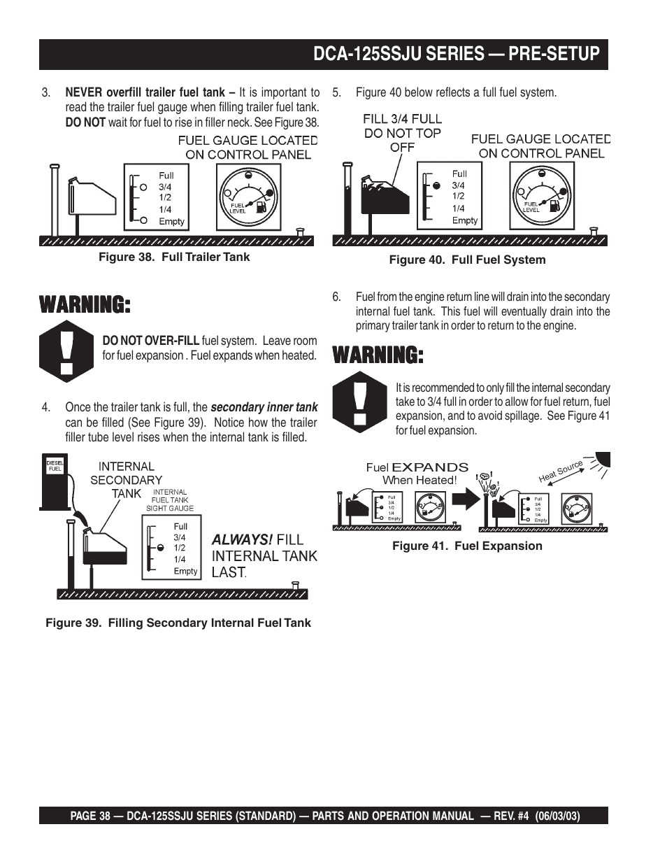 Warning, Dca-125ssju series — pre-setup | Multiquip MQ Power Portable Generator (Standard) DCA-125SSJU User Manual | Page 38 / 96