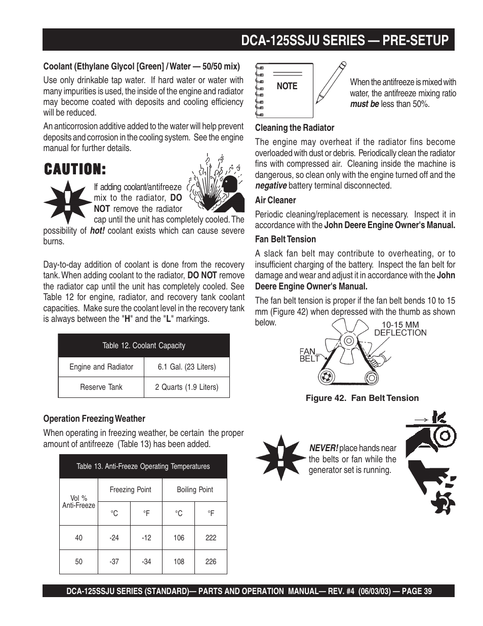 Caution, Dca-125ssju series — pre-setup | Multiquip MQ Power Portable Generator (Standard) DCA-125SSJU User Manual | Page 39 / 96