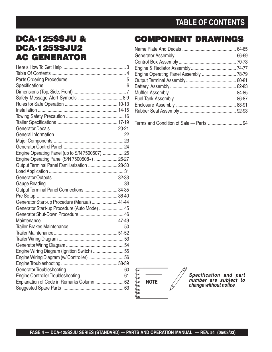 Multiquip MQ Power Portable Generator (Standard) DCA-125SSJU User Manual | Page 4 / 96