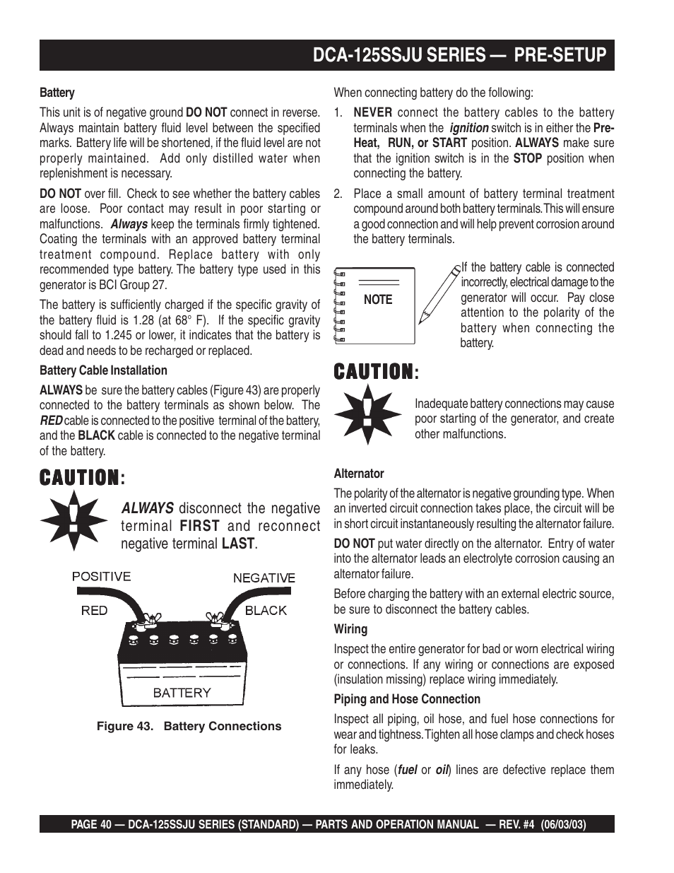 Dca-125ssju series — pre-setup, Caution, Caution caution | Multiquip MQ Power Portable Generator (Standard) DCA-125SSJU User Manual | Page 40 / 96