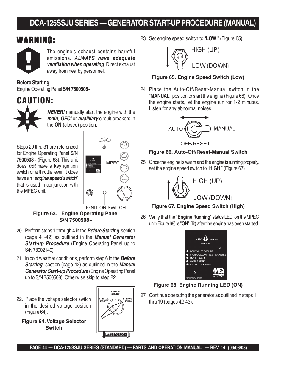 Warning, Caution | Multiquip MQ Power Portable Generator (Standard) DCA-125SSJU User Manual | Page 44 / 96